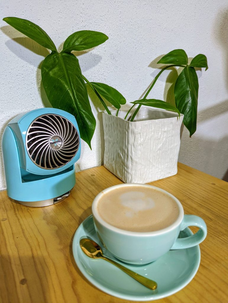 Hot chai latte in a teal tea cup, no a wood table. A green plant in a white square pot and a blue fan are on the table also. 